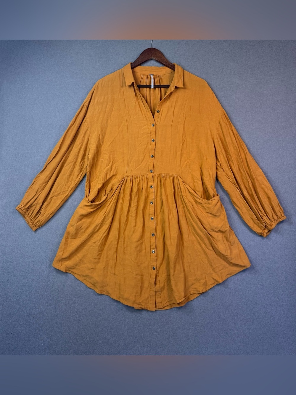 Free People Boho Mustard Yellow Gathered Waist Front Pocket Tunic Dress, S